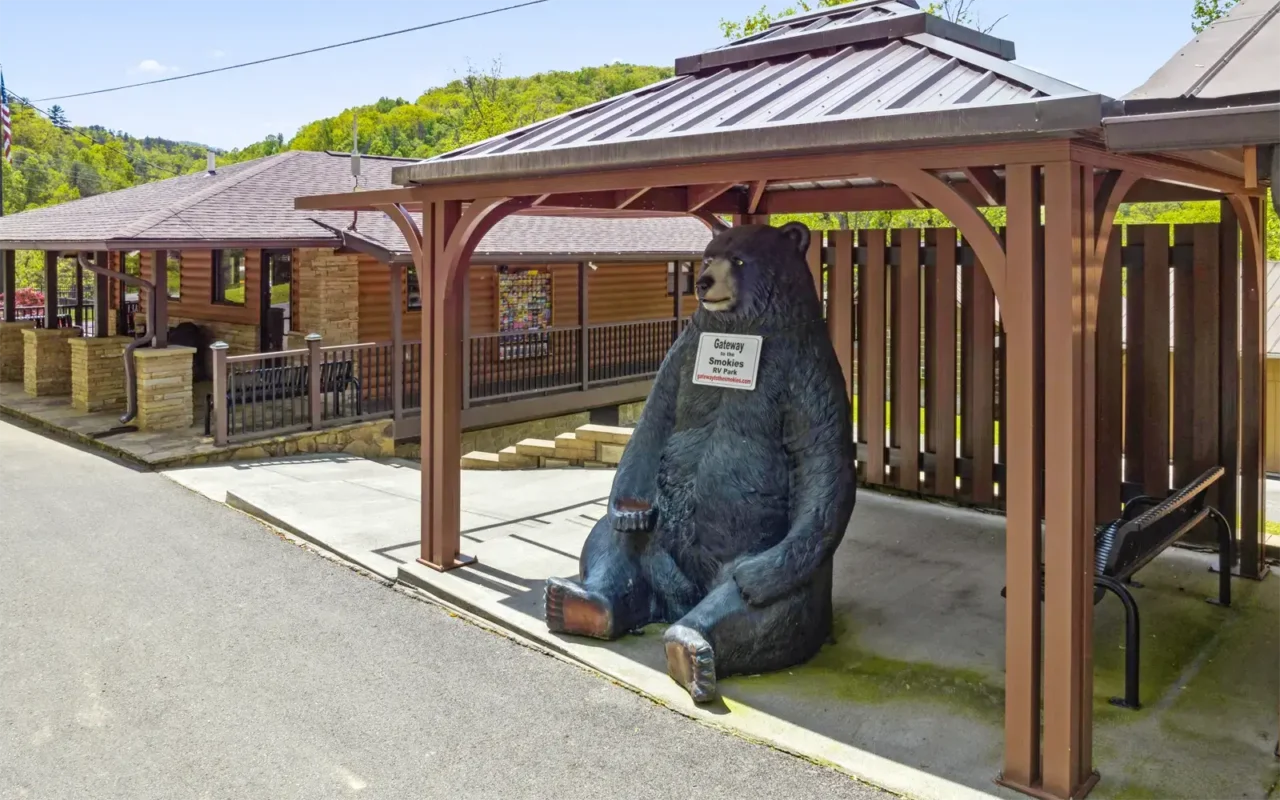 Statue of Smokey Bear, sanding in Gateway RV Campground, Pigeon Forge, TN.